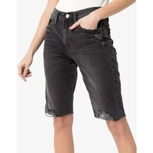 Frame Imaan X Frame Womens Charcoal Gray Mid Rise Denim Ripped Bermuda Shorts 25